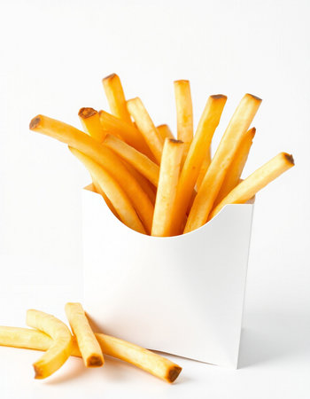 French fries in a white box on a white background close-up