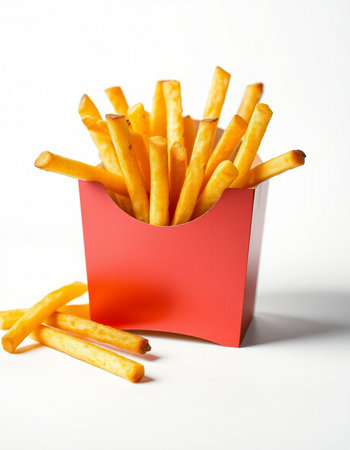 French fries in a red box on a white background, fast food
