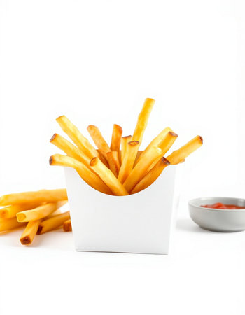 French fries in a white box with ketchup on a white background