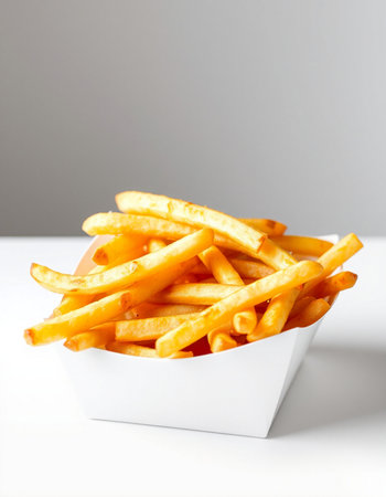 Golden French fries in a white box on a white background. Selective focus.