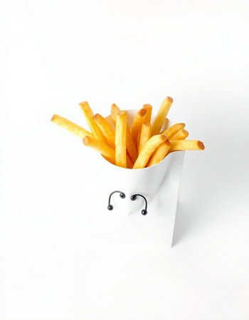 French fries with funny face on white background. Fast food concept.の写真素材