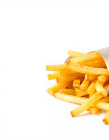 Golden French fries potatoes over white background with copy space for text.