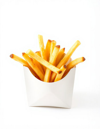 French fries in a white box on a white background. Isolated