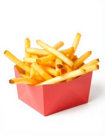 French fries in a red box on a white background. Isolated