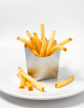 Golden French fries in a white plate on a white background, isolate