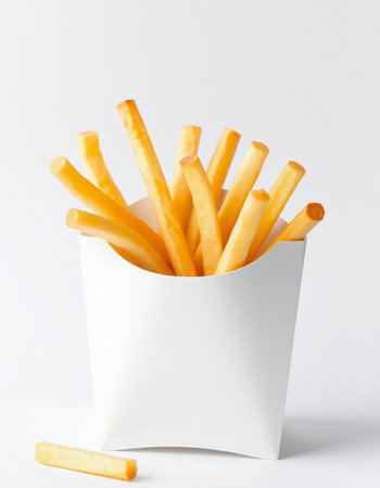 French fries in a white box on a white background, fast food