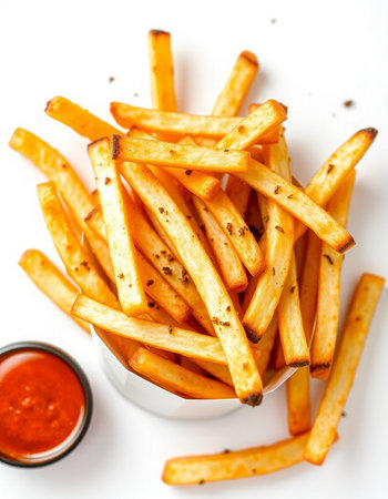 French fries with ketchup on a white background. Selective focus.