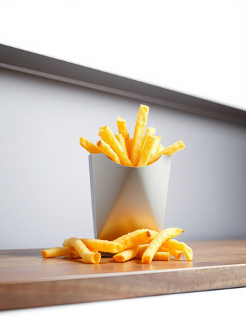 French fries in a paper cup on a wooden board. Selective focus.