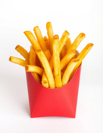 French fries in a red box on a white background, fast food