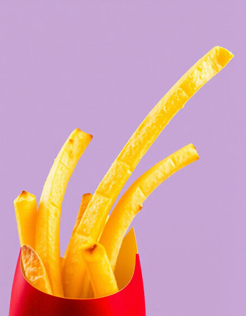 French fries in a red box on a purple background. Close up.