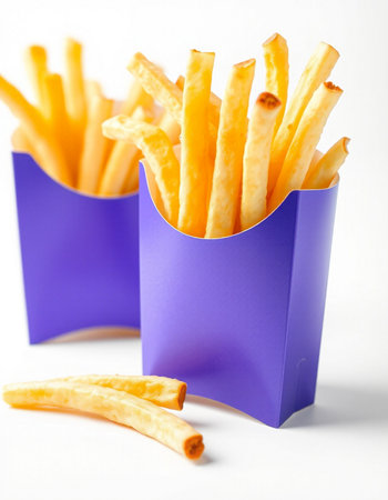 French fries in a paper box on a white background. Selective focus.