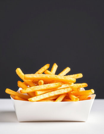 French fries in a white bowl on a white table, black background