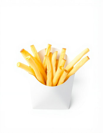 French fries in a paper box isolated on white background. Top view.