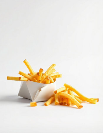 French fries in a paper box on a white background. Fast food.