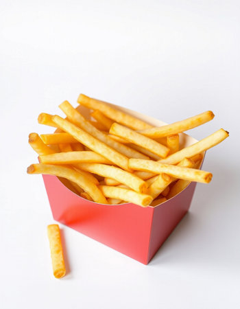 French fries in a red box on a white background, fast food