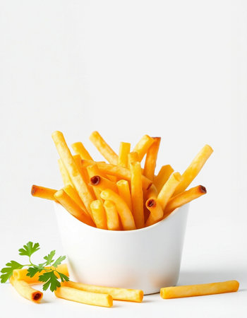 French fries in a white bowl with parsley on a white backgroundの写真素材
