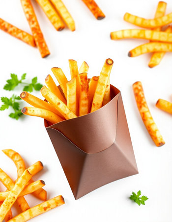 French fries with parsley in a paper box on a white background