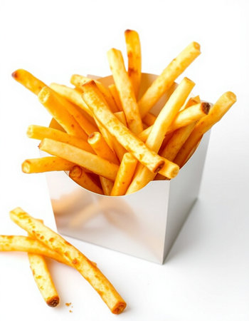 French fries in a white box on a white background, close-up