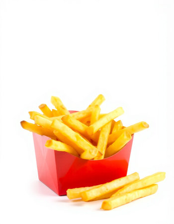 French fries in red box isolated on white background. Selective focus.