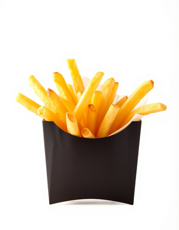 French fries in a paper box isolated on white background. Fast food.の写真素材
