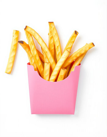 French fries in pink box isolated on white background. Top view.