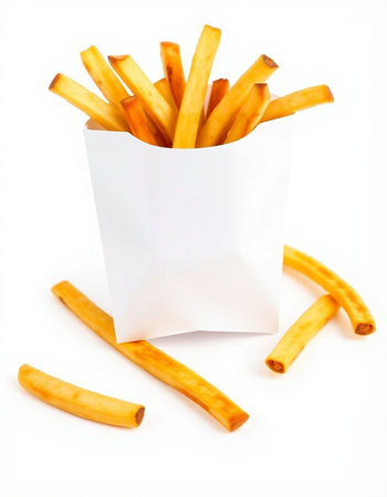 French fries in a white paper bag on a white isolated background.