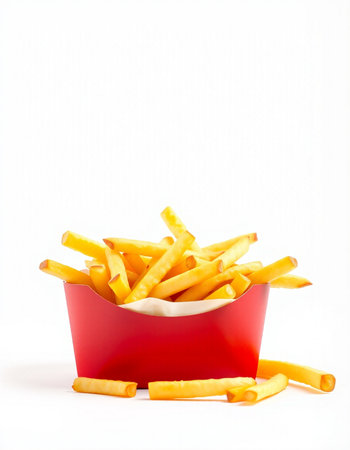 French fries in a red box on a white background with copy space