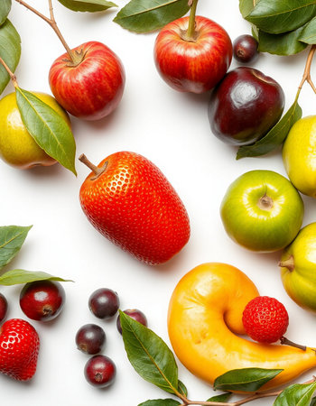 Fruits and berries on white background. Flat lay, top view