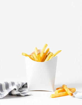 French fries in a white box on a white background with copy space