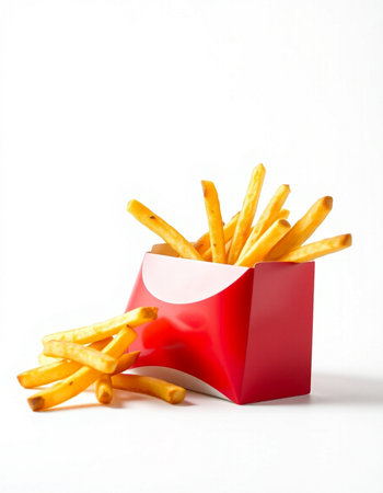 Golden French fries in a red paper box on a white background.