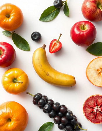 Fruits and vegetables on white background. Flat lay, top viewの写真素材