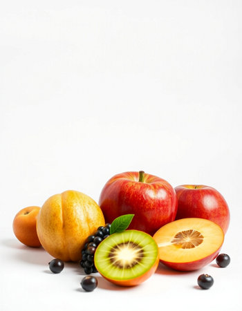 Fruits and berries on a white background. Healthy food concept.