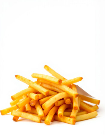 Golden French fries on a white background with copy space for text.の写真素材