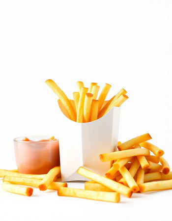 French fries in a white box and a glass of ketchup on a white background