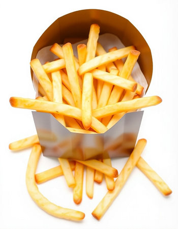 French fries in a box on a white background. Fast food.