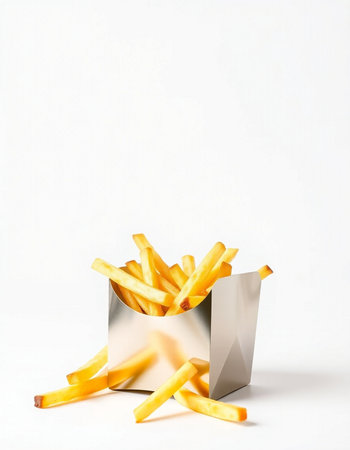 Golden French fries in a paper bag isolated on a white background.の写真素材