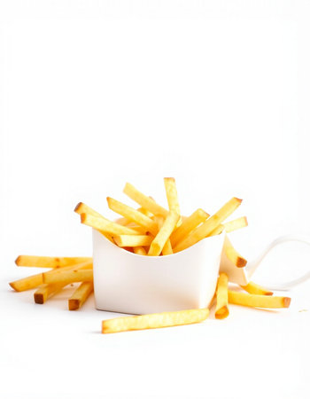 Golden French fries in a white box isolated on a white background.