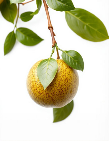 Ripe yellow pear on a branch with leaves on a white backgroundの写真素材