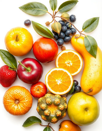 Fruits and vegetables isolated on a white background. Top view.の写真素材