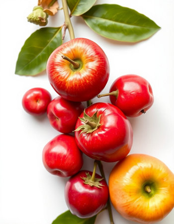 Red and yellow apples with green leaves on a white background close upの写真素材