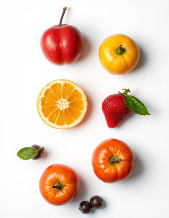 Fruits and vegetables on a white background. Flat lay, top viewの写真素材