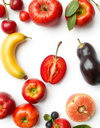Fruits and vegetables isolated on white background. Flat lay, top view