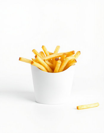 French fries in a white paper cup on a white background, isolated
