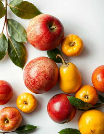 Fruits and vegetables on a white background. Flat lay, top view