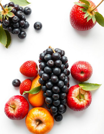 Fruits and berries on a white background. Flat lay, top viewの写真素材