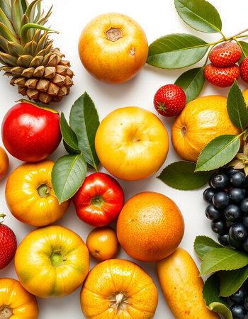 Fruits and berries isolated on a white background. Top view.