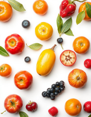 Colorful fruits and berries on white background, top view. Flat layの写真素材