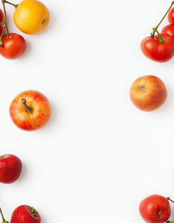 Fruits and vegetables on a white background. Flat lay, top view.の写真素材