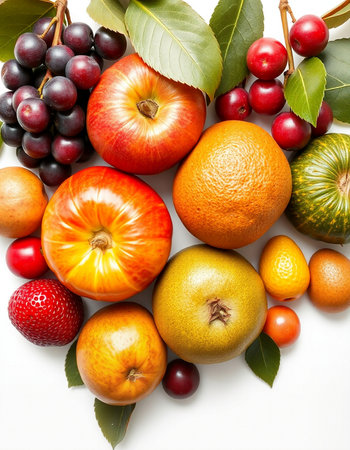 Fruits and vegetables isolated on a white background. Top view.