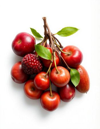 Red plums with green leaves on a white background, top view